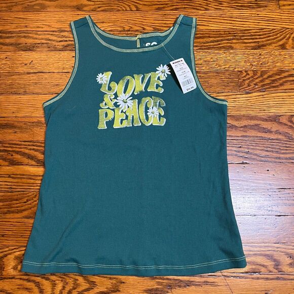 Y2k Surfwear Indie SO Love Peace Ribbed Tank Top Women's Size L Turquoise Green - Picture 1 of 8